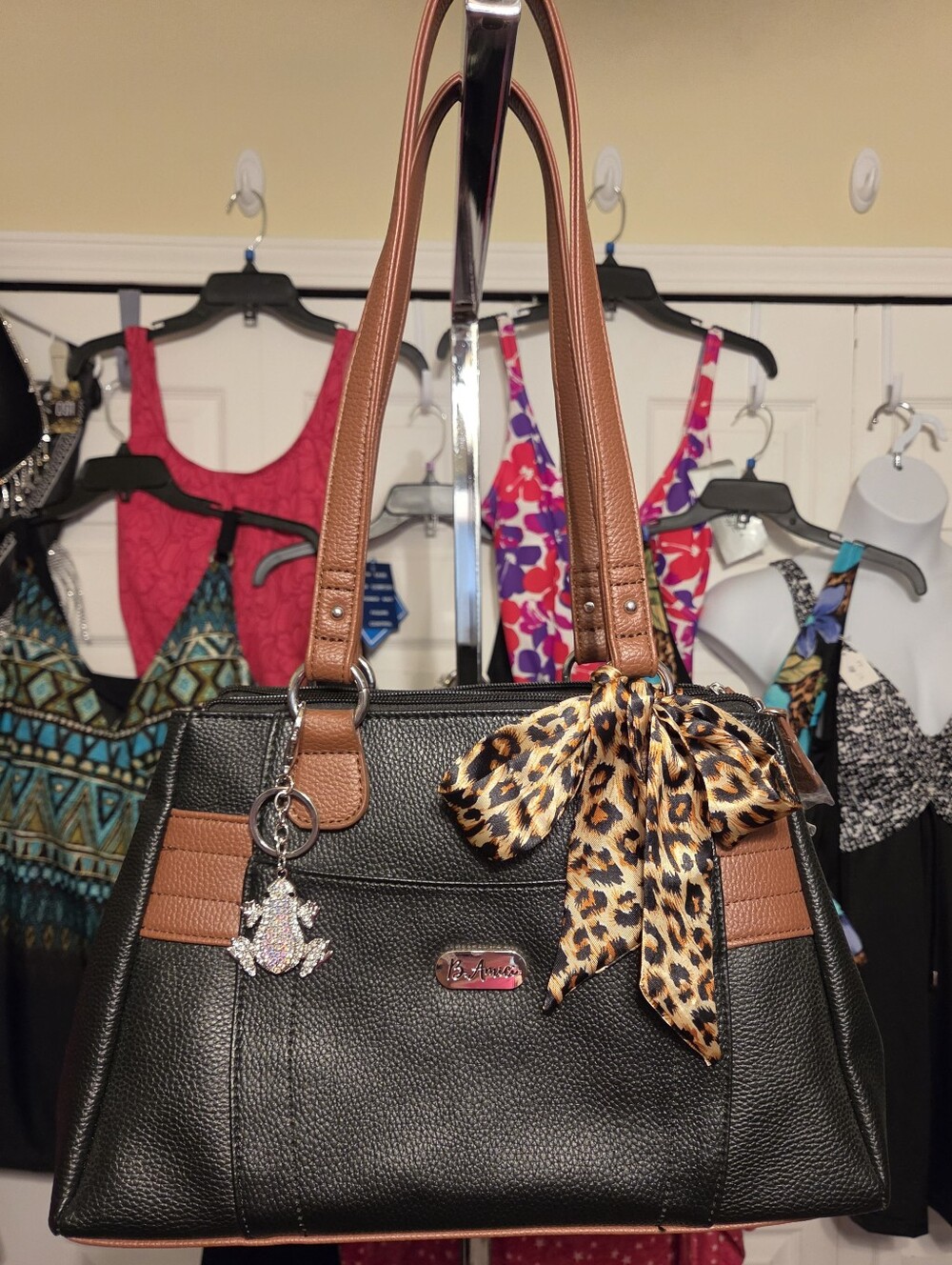 #379 B. Amici- Black/brown Handbag w/scarf/bag Charm